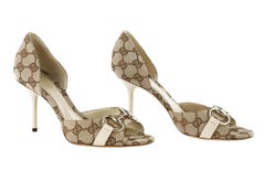 New Gucci GG Canvas Hollywood Horsebit D'Orsay Peep Toe Heels Shoes 10.5 B
