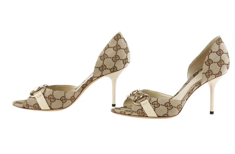 New Gucci GG Canvas Hollywood Horsebit D'Orsay Peep Toe Heels Shoes 10. ...