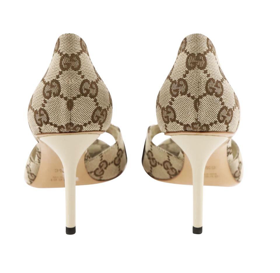 Beige Nouveau Gucci GG Canvas Hollywood Horsebit D'Orsay Peep Toe Heels Shoes 10.5 B