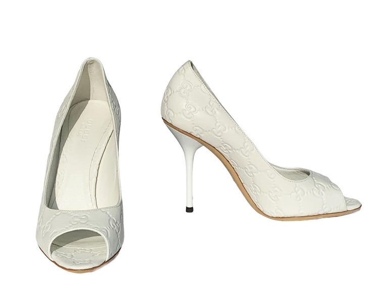 New Gucci GG Guccissima White Leather Shoes Pumps It. 36.5 For