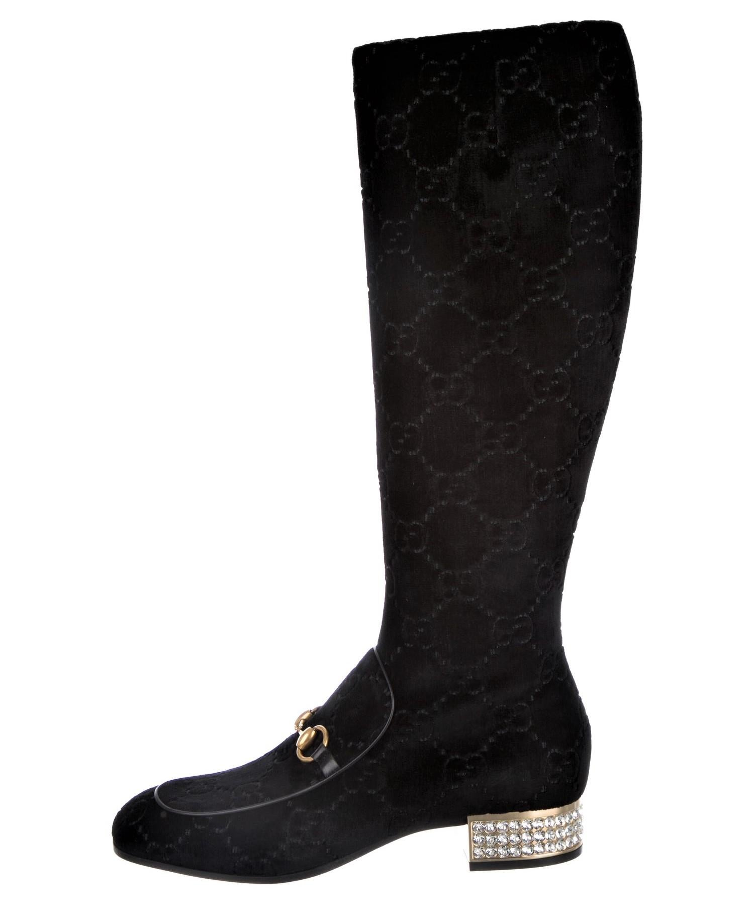 Gucci
Brand New with Box
* Black GG Velvet Boots
* Gold Horsebit Accent
* Crystal Heels
* Size: 38