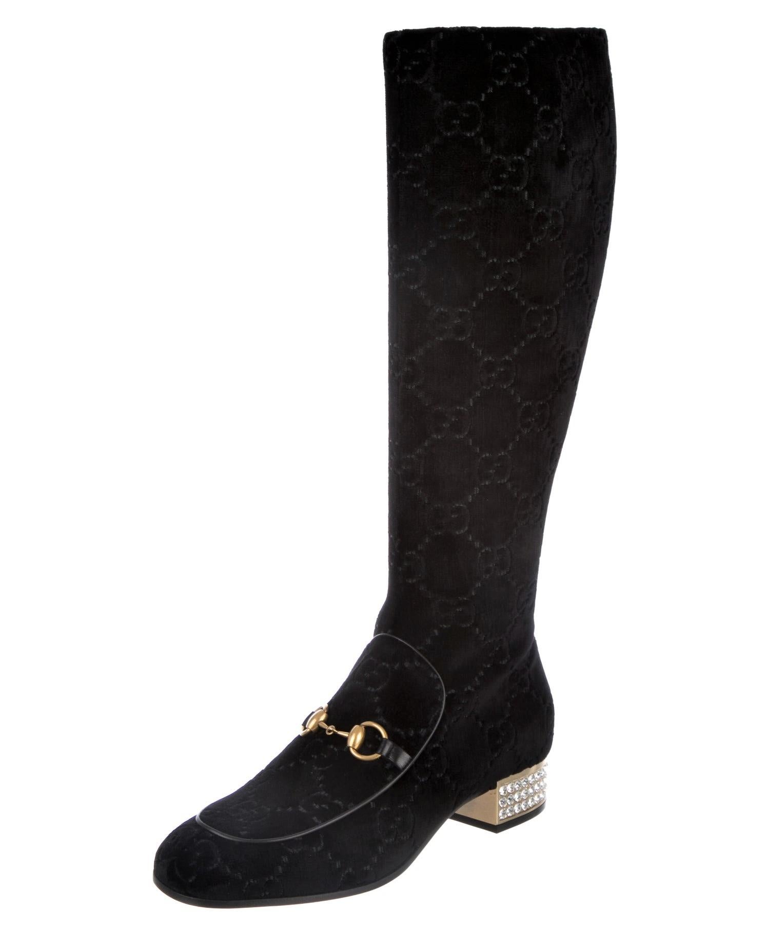 Black New Gucci GG Velvet Crystal Boots With Box Sz 38