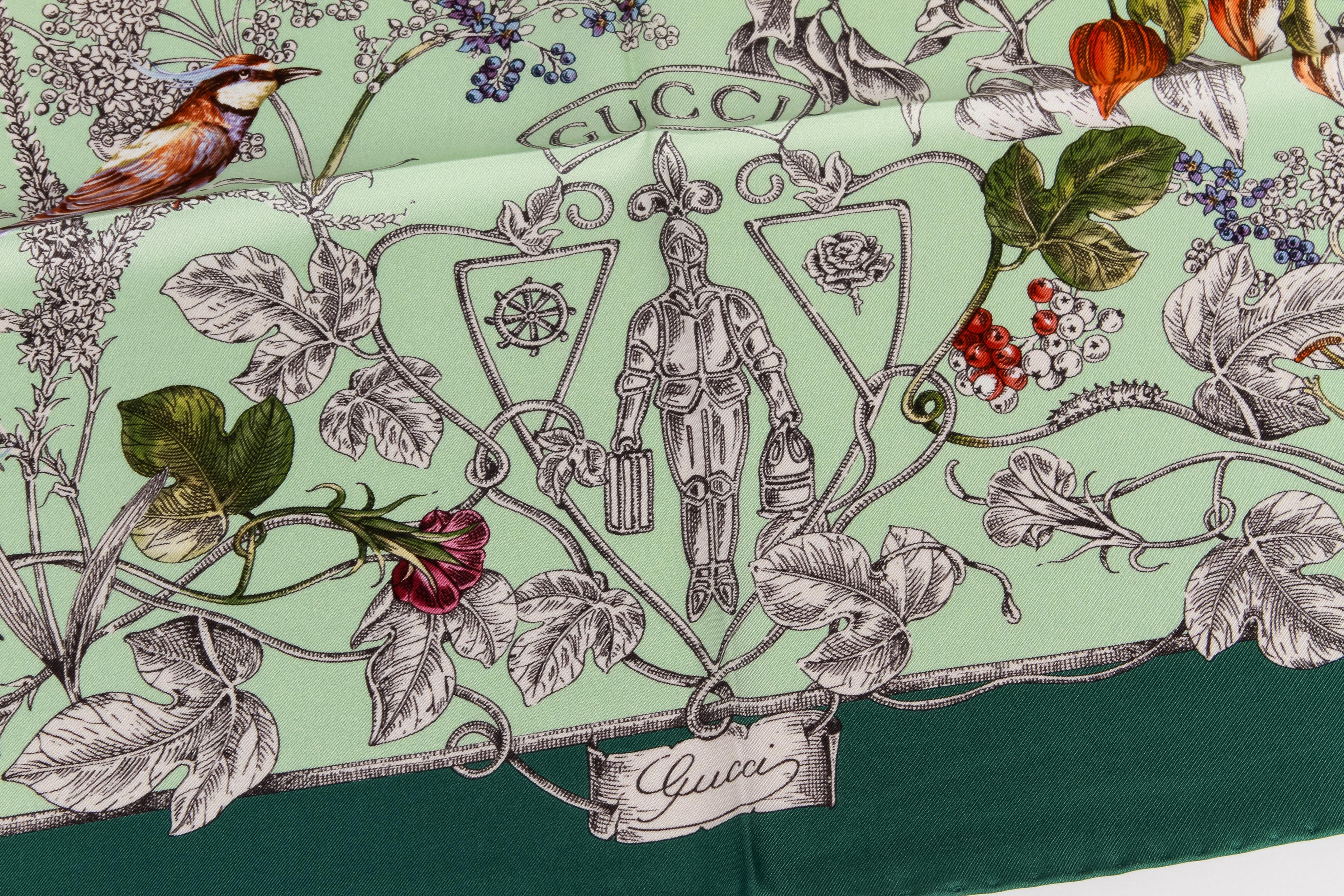 Gucci brand new scarf with flowers and birds, green, mint color way, 100% silk, 35
