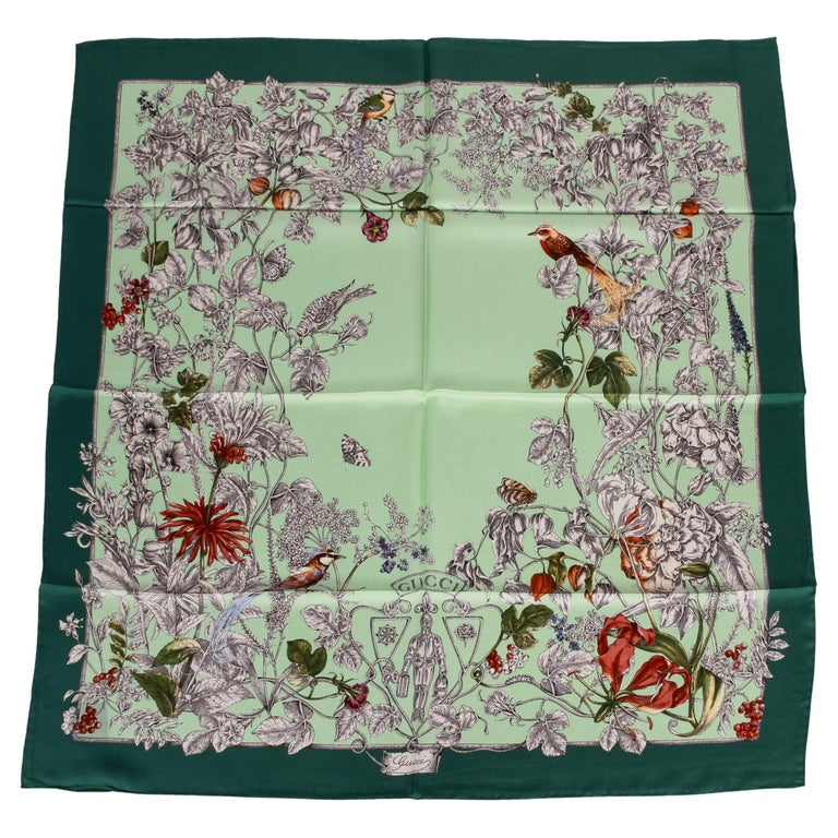 New Gucci Green Floral Square Silk Scarf For Sale at 1stDibs