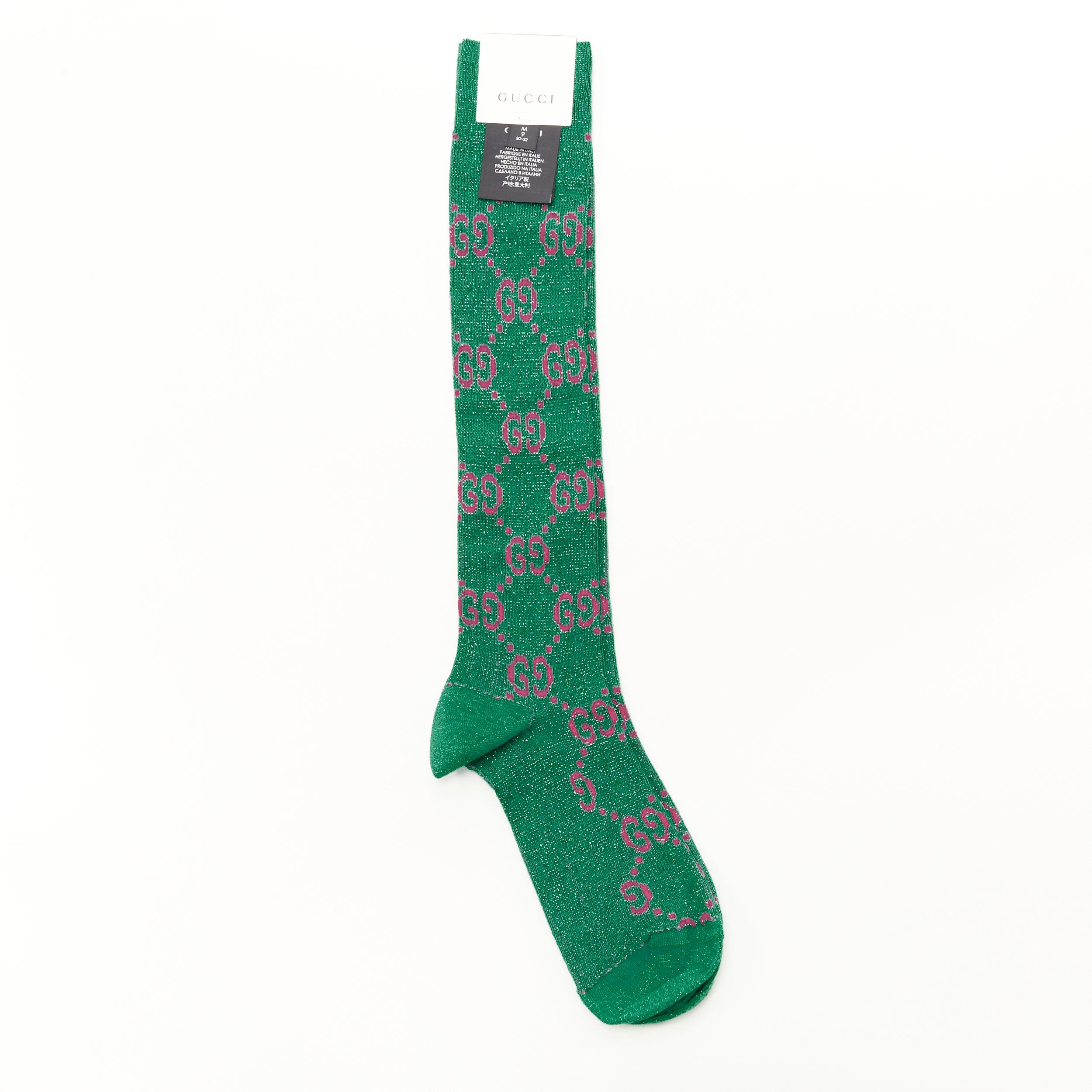new GUCCI green pink lurex metallic GG monogram long socks M Reference: ANWU/A00224 Brand: Gucci Designer: Alessandro Michele Material: Cotton Color: Green Pattern: Logo Extra Detail: Metallic speckle lurex. Made in: Italy CONDITION: Condition: New