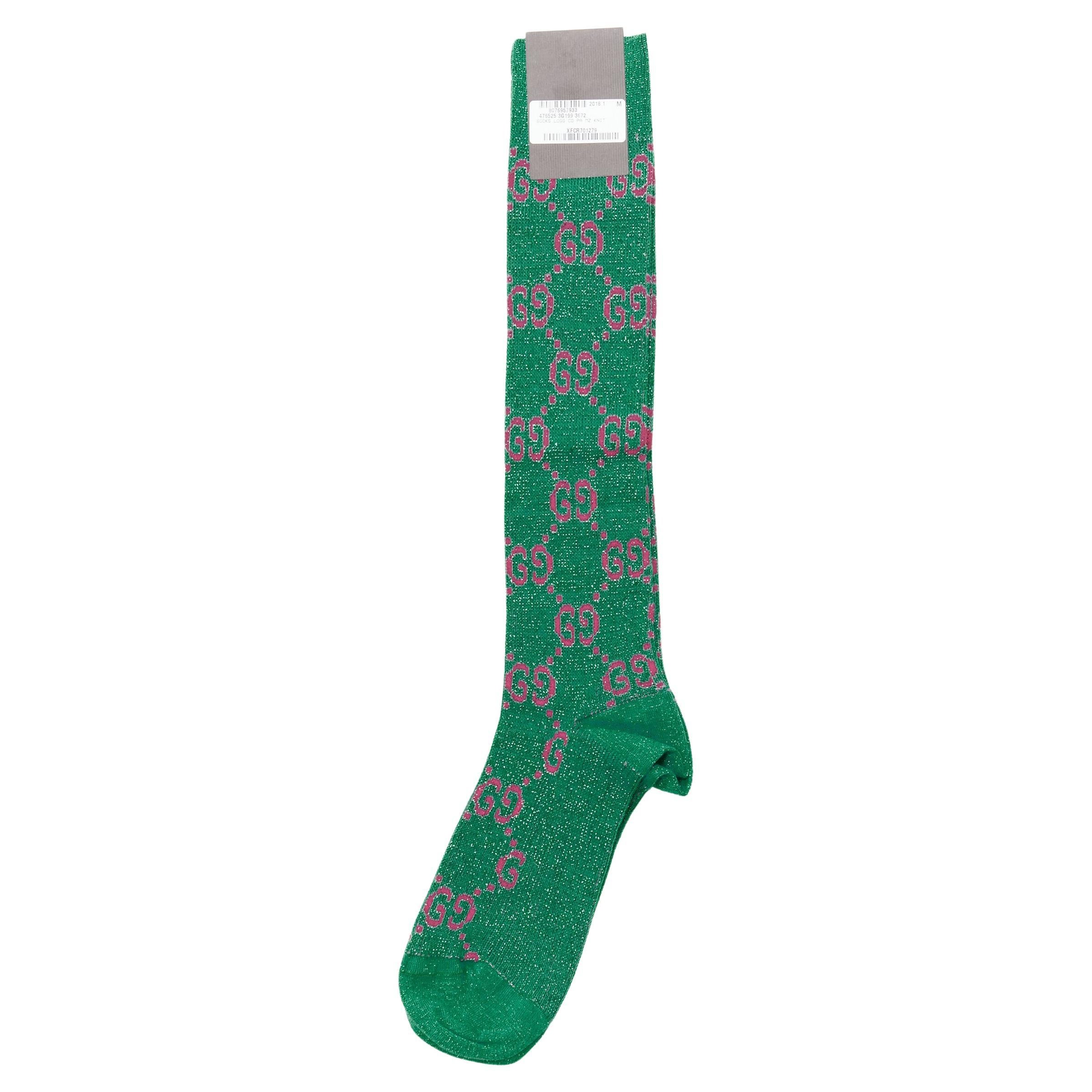 new GUCCI green pink lurex metallic GG monogram long socks M at 1stDibs