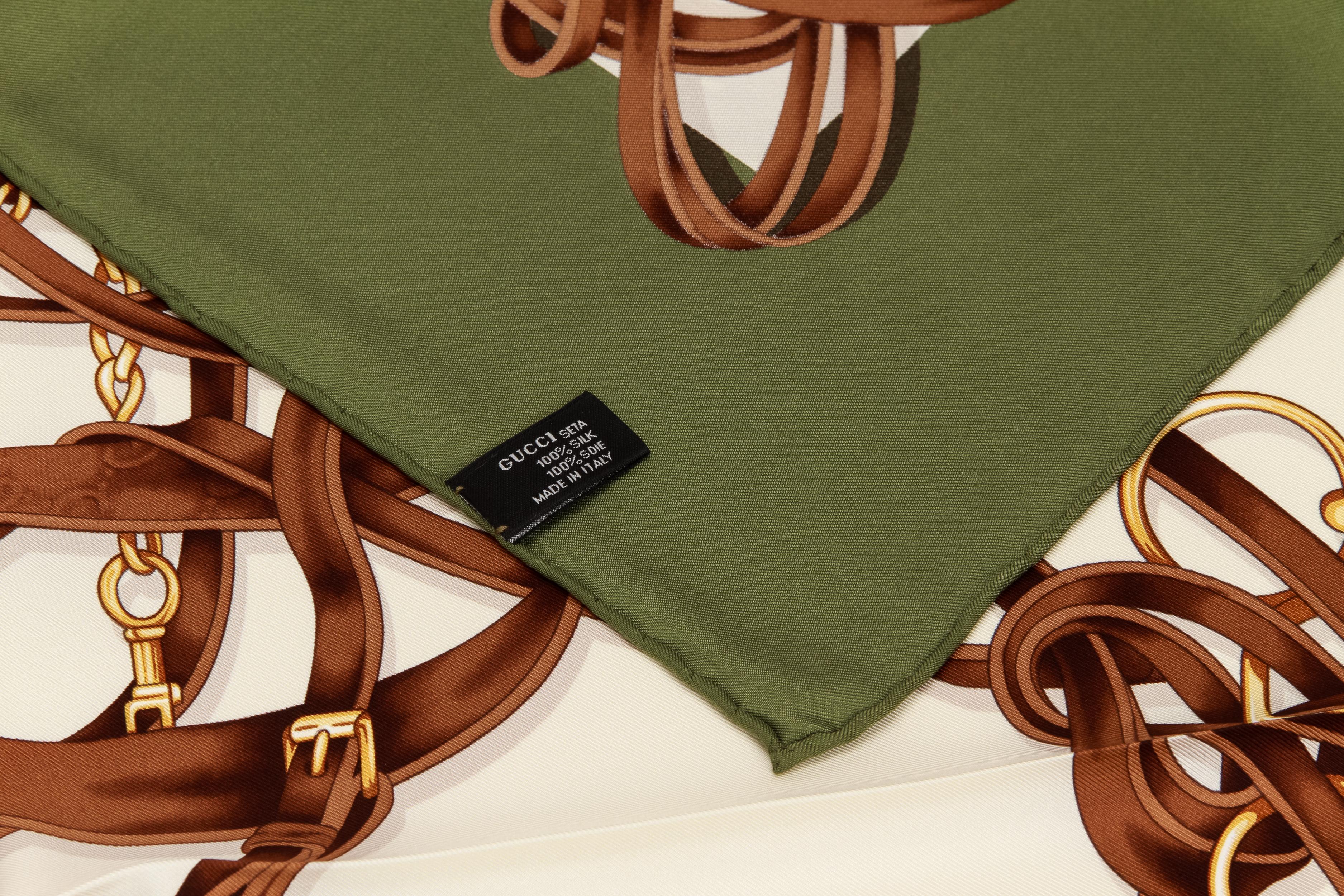 New Gucci green and white equestrian scarf,
 100% silk, 
35