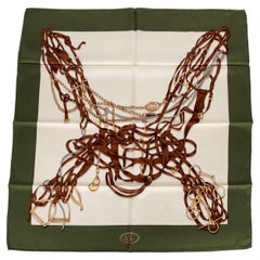 New Gucci Green White Equestrian Silk Scarf