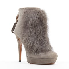 new GUCCI grey suede genuine fur bamboo tassel platform ankle bootie EU36