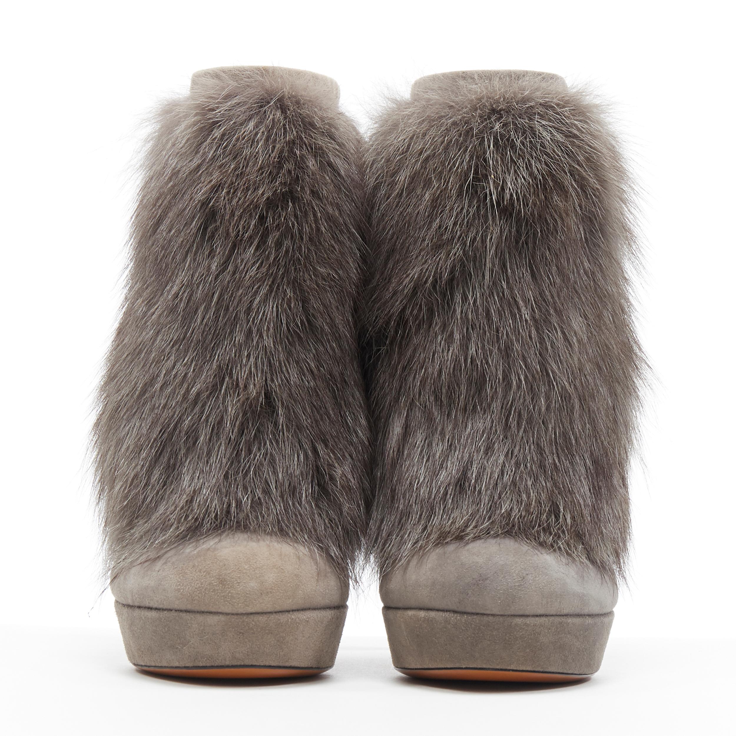 Gray new GUCCI grey suede genuine fur bamboo tassel platform ankle bootie EU36