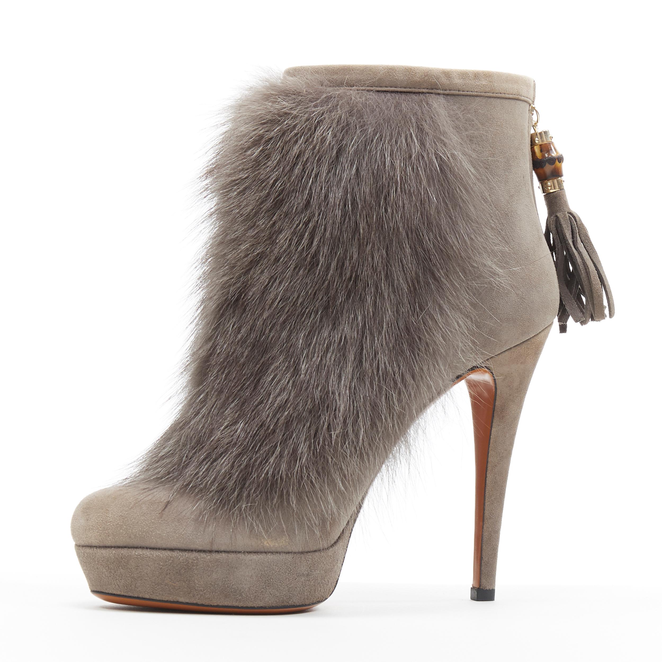 new GUCCI grey suede genuine fur bamboo tassel platform ankle bootie EU36 In New Condition In Hong Kong, NT
