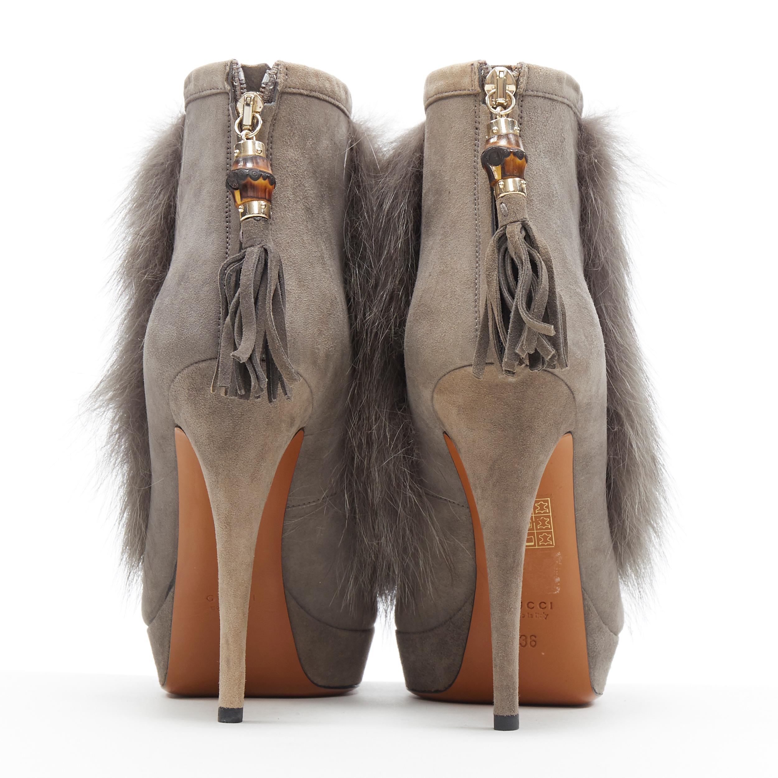 Women's new GUCCI grey suede genuine fur bamboo tassel platform ankle bootie EU36