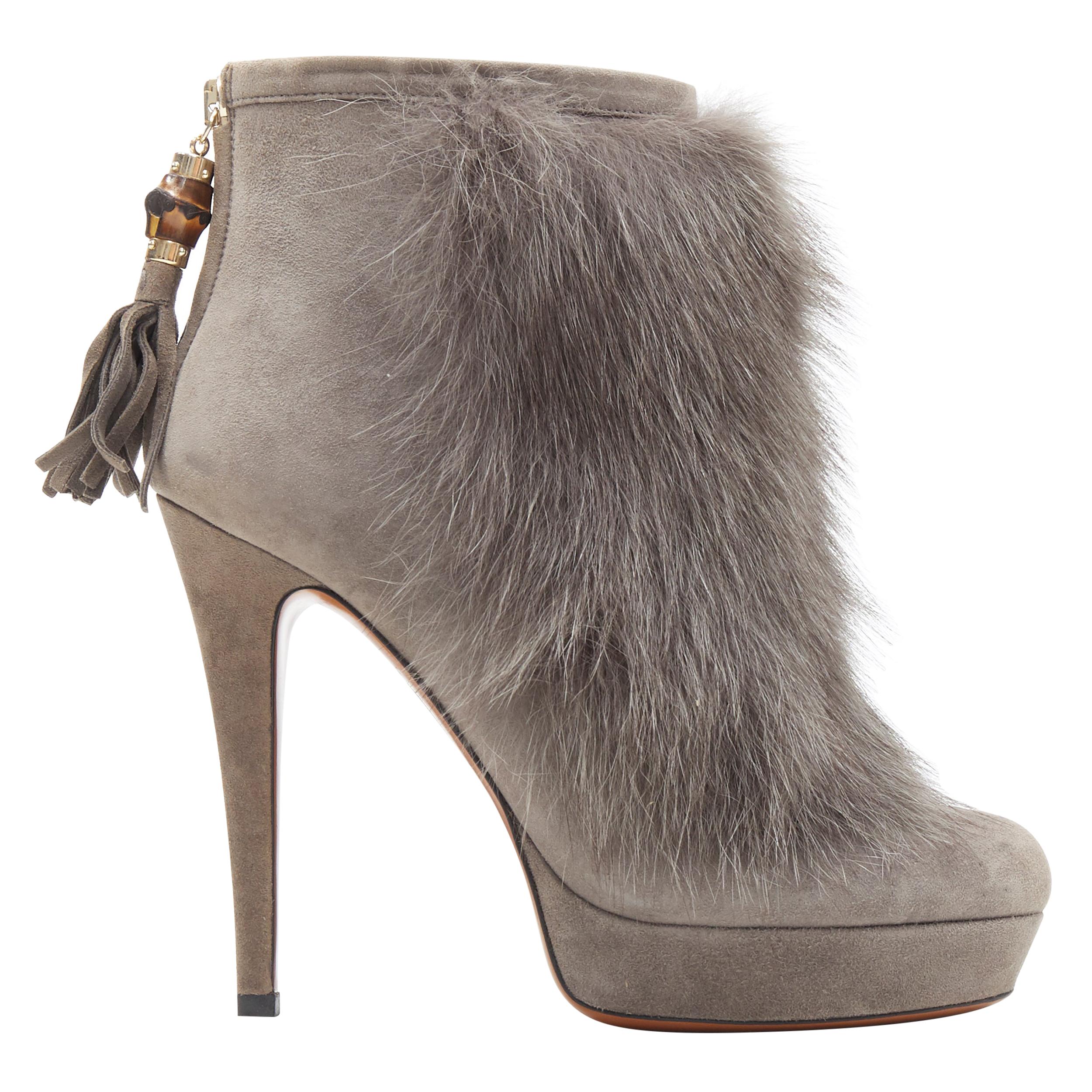 new GUCCI grey suede genuine fur bamboo tassel platform ankle bootie EU36