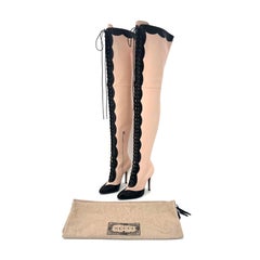 NEW Gucci Harriet Thigh High Snake Emboss Beige Schwarz Pointed Toe Stiefel 38