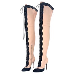 NEW Gucci Harriet Thigh High Snake Emboss Beige Schwarz Pointed Toe Stiefel 38