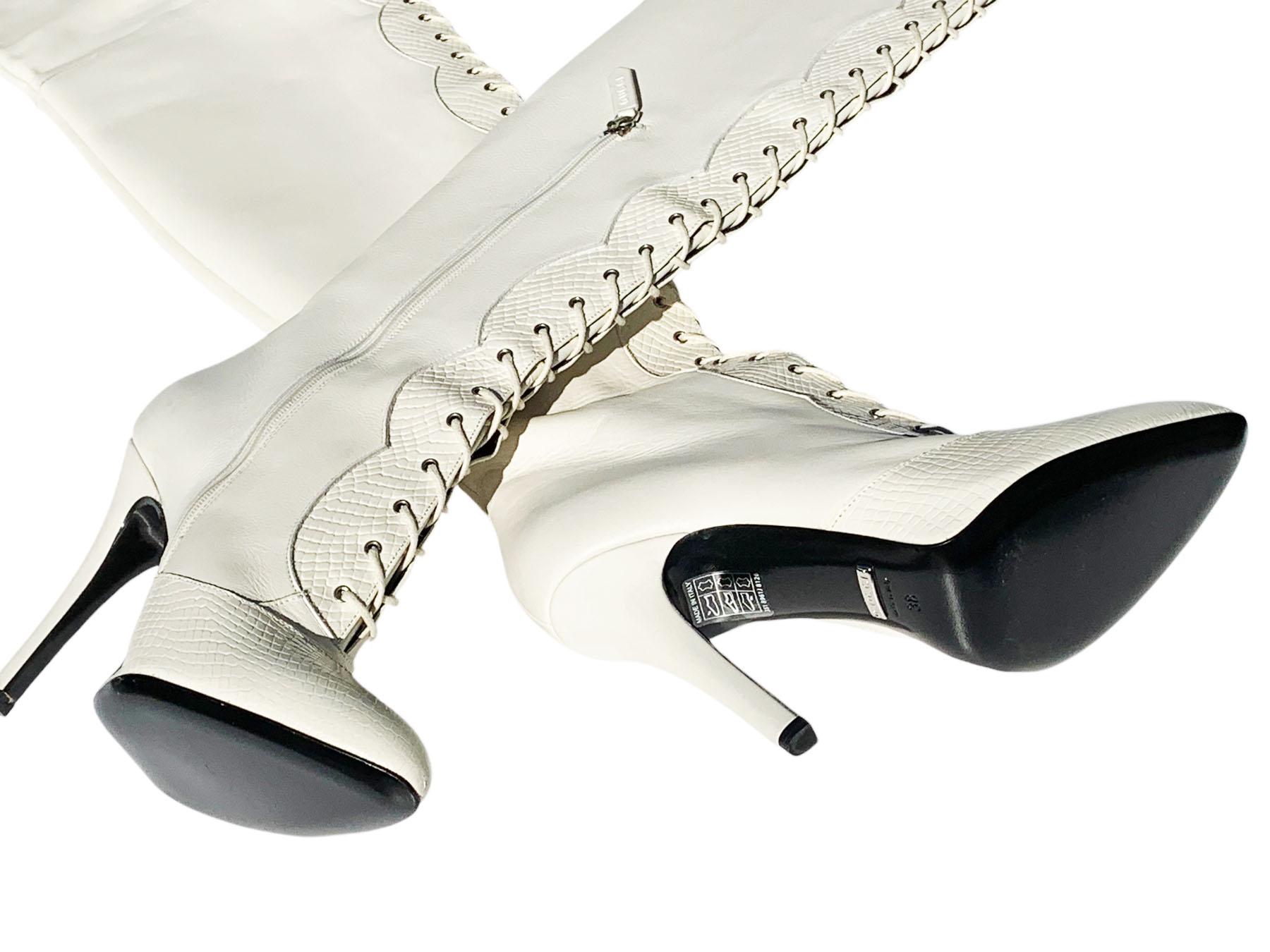 New Gucci Harriet Vintage White Leather Over The Knee Lace Up Boots It. 38 US 8 For Sale 3