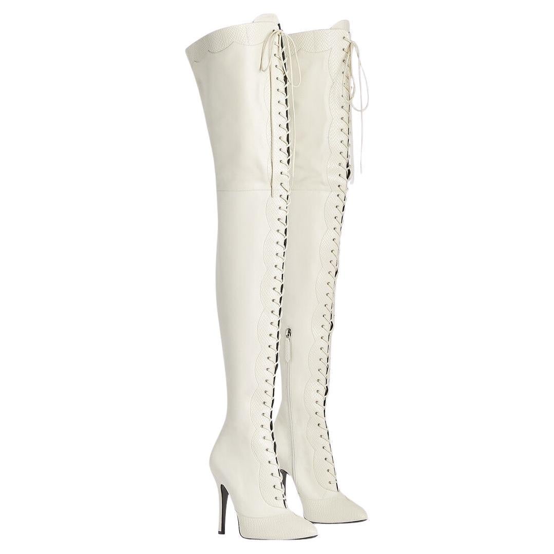 New Gucci Harriet Vintage White Leather Over The Knee Lace Up Boots It. 38 US 8 For Sale