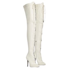 New Gucci Harriet Vintage White Leather Over The Knee Lace Up Boots It. 38 US 8