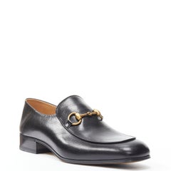 new Gucci Horsebit gold buckle black leather step heel loafer UK8.5 EU42.5
