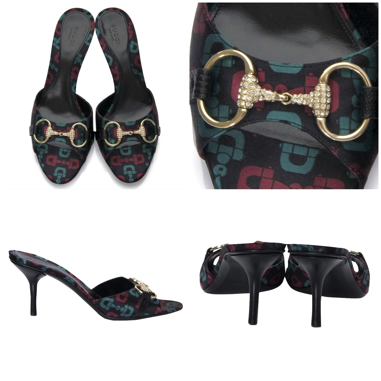 Gucci Horsebit Heels
Brand New
* Stunning in Satin Horsebit
* Iconic Gold & Swarovski Crystal Horsebit Toe 
* Size: 38
* Open Toe Mule
* Leather Insole 
* Gucci Green Red & Black
* 3.25