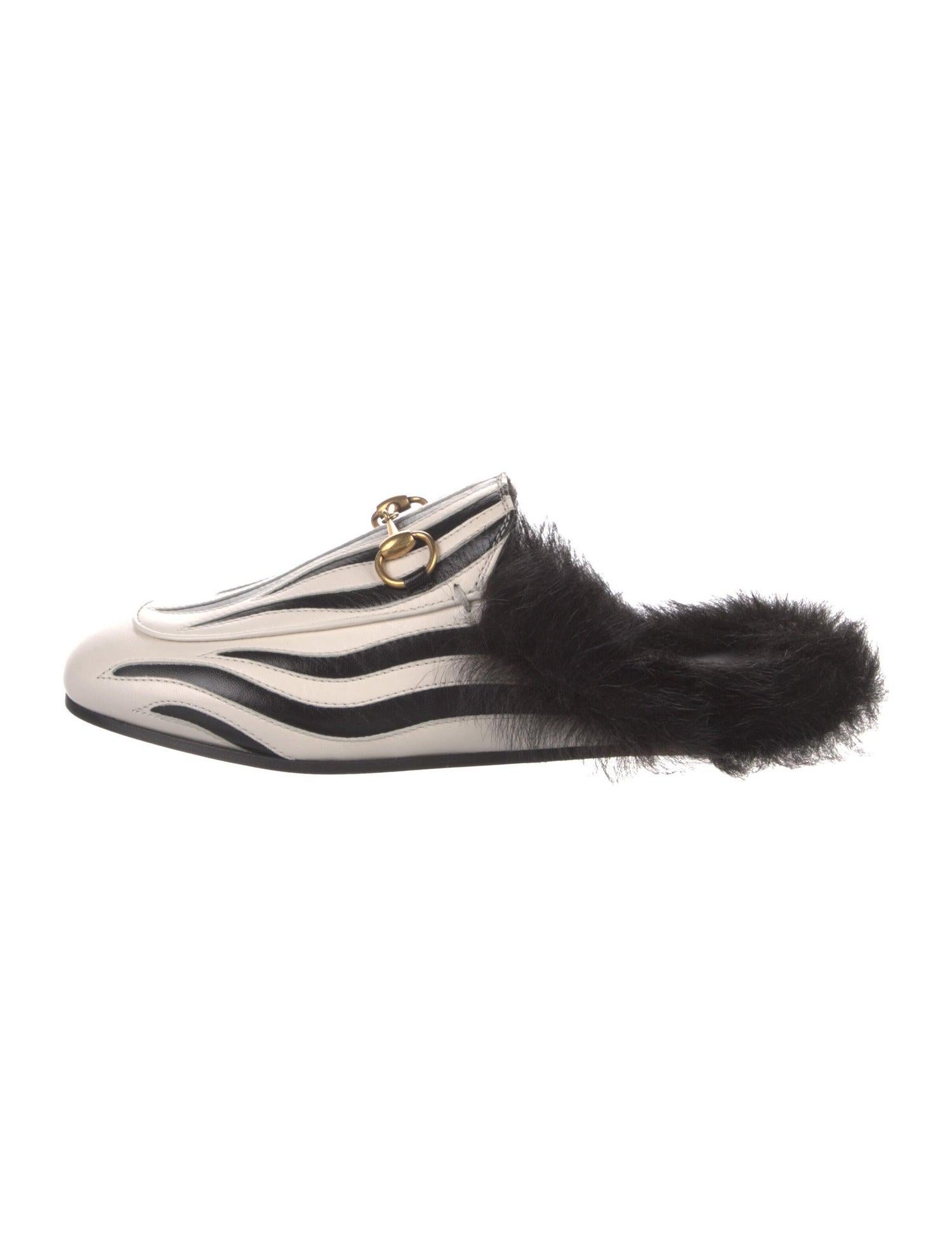 New Gucci Kendall Jenner Princetown  Zebra Faux Fur Loafers Slides Flats Sz 35.5 3
