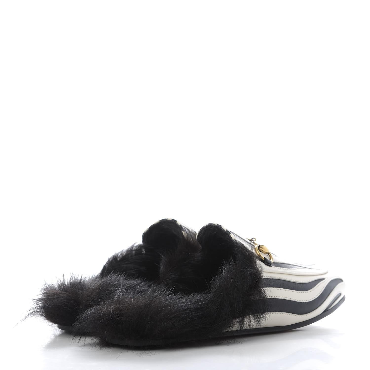 Black New Gucci Kendall Jenner Princetown  Zebra Faux Fur Loafers Slides Flats Sz 35.5