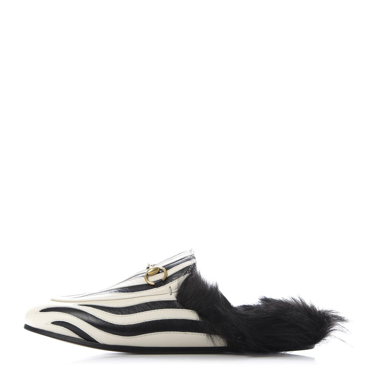 New Gucci Kendall Jenner Princetown  Zebra Faux Fur Loafers Slides Flats Sz 35.5 In New Condition In Leesburg, VA