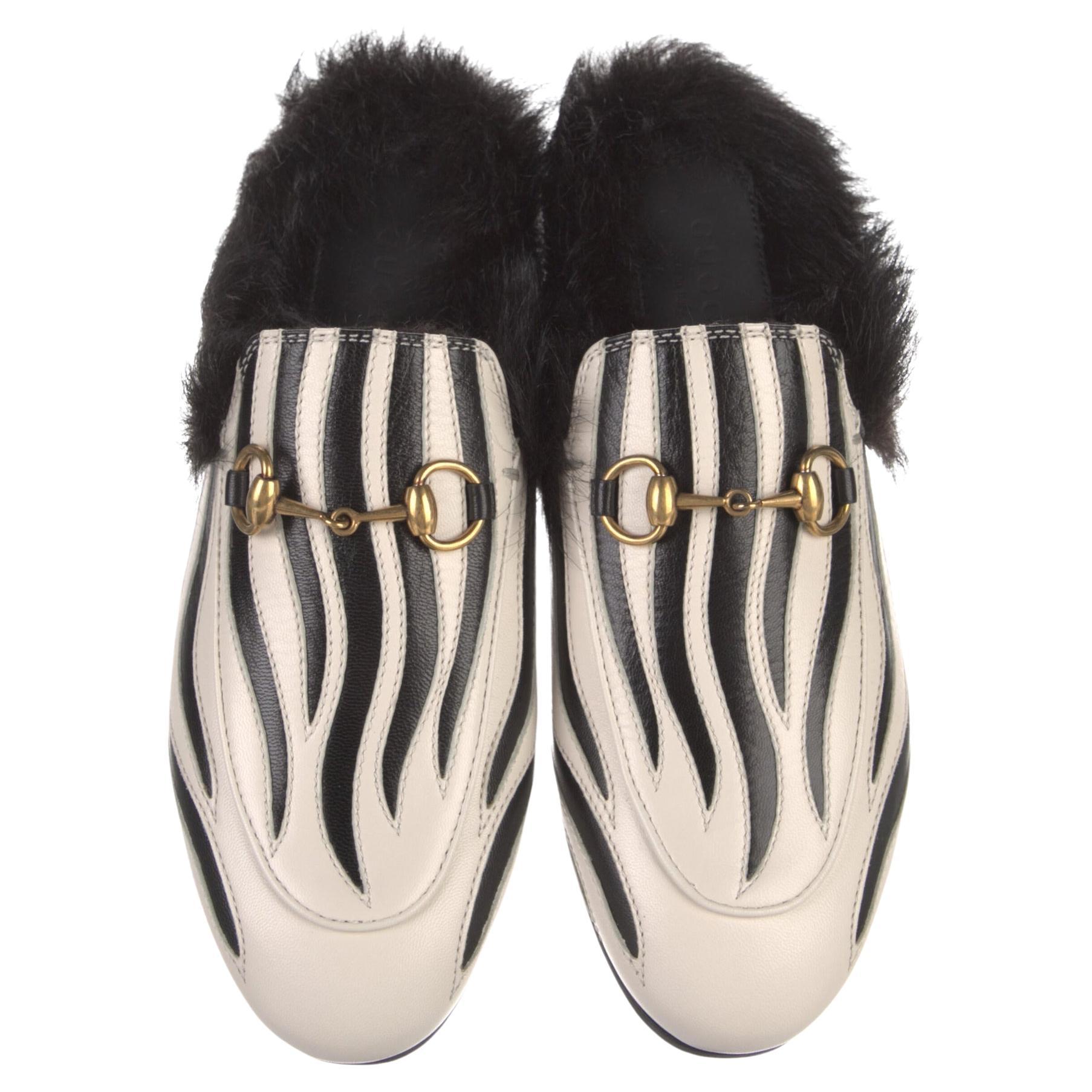 New Gucci Kendall Jenner Princetown  Zebra Faux Fur Loafers Slides Flats Sz 35.5