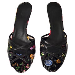 New Gucci Leather and Satin Flora Heels Slides Mules Sz 9.5