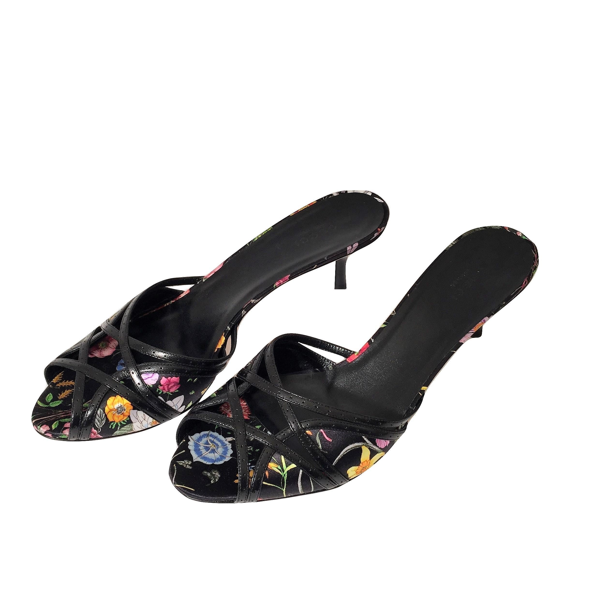 Women's New Gucci Leather and Satin Flora Heels Slides Mules Sz 9.5