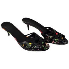 New Gucci Leather and Satin Flora Heels Slides Mules Sz 9.5