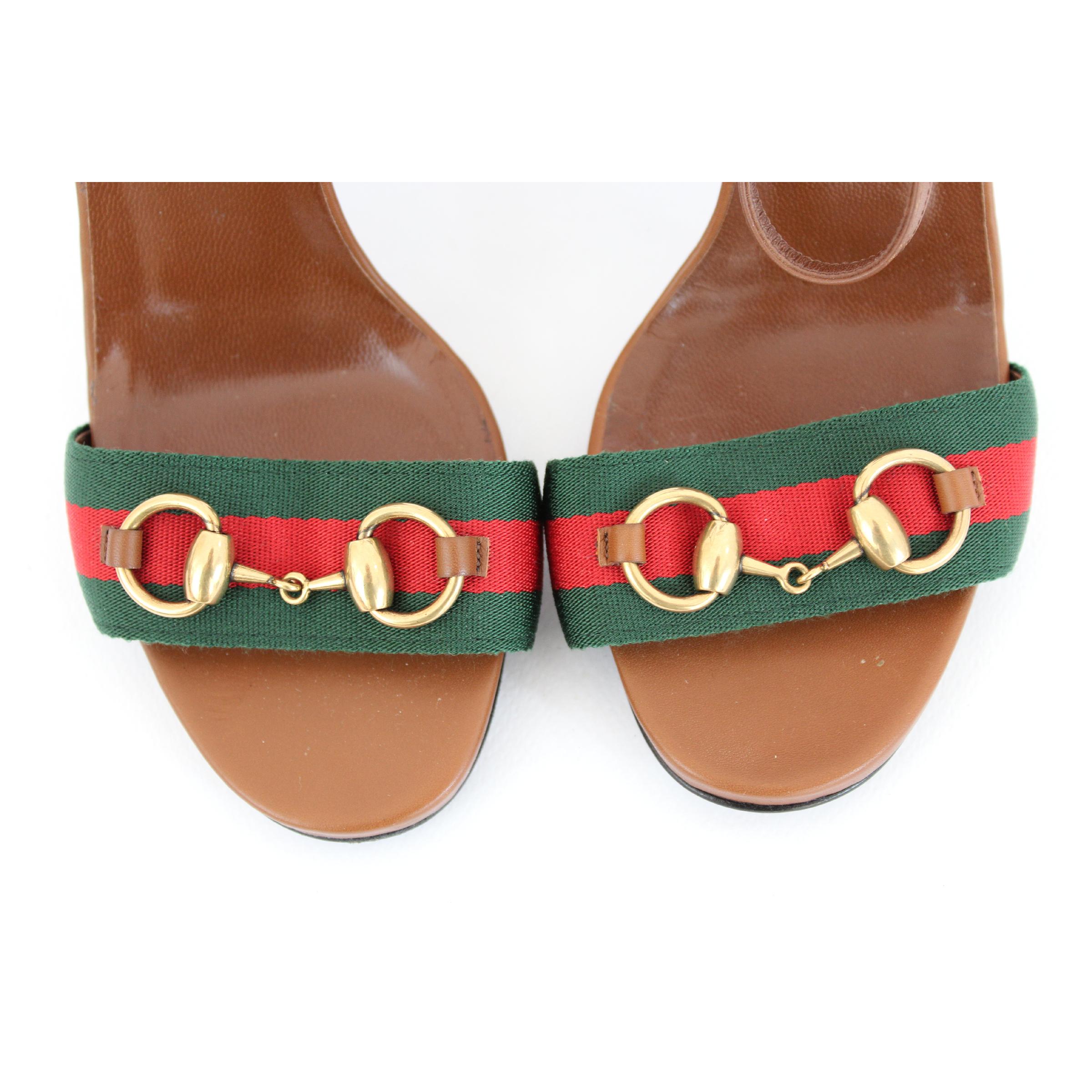 Nouveau Gucci Lifford Brown Leather Canvas Sandals Heels Pump Shoes 5