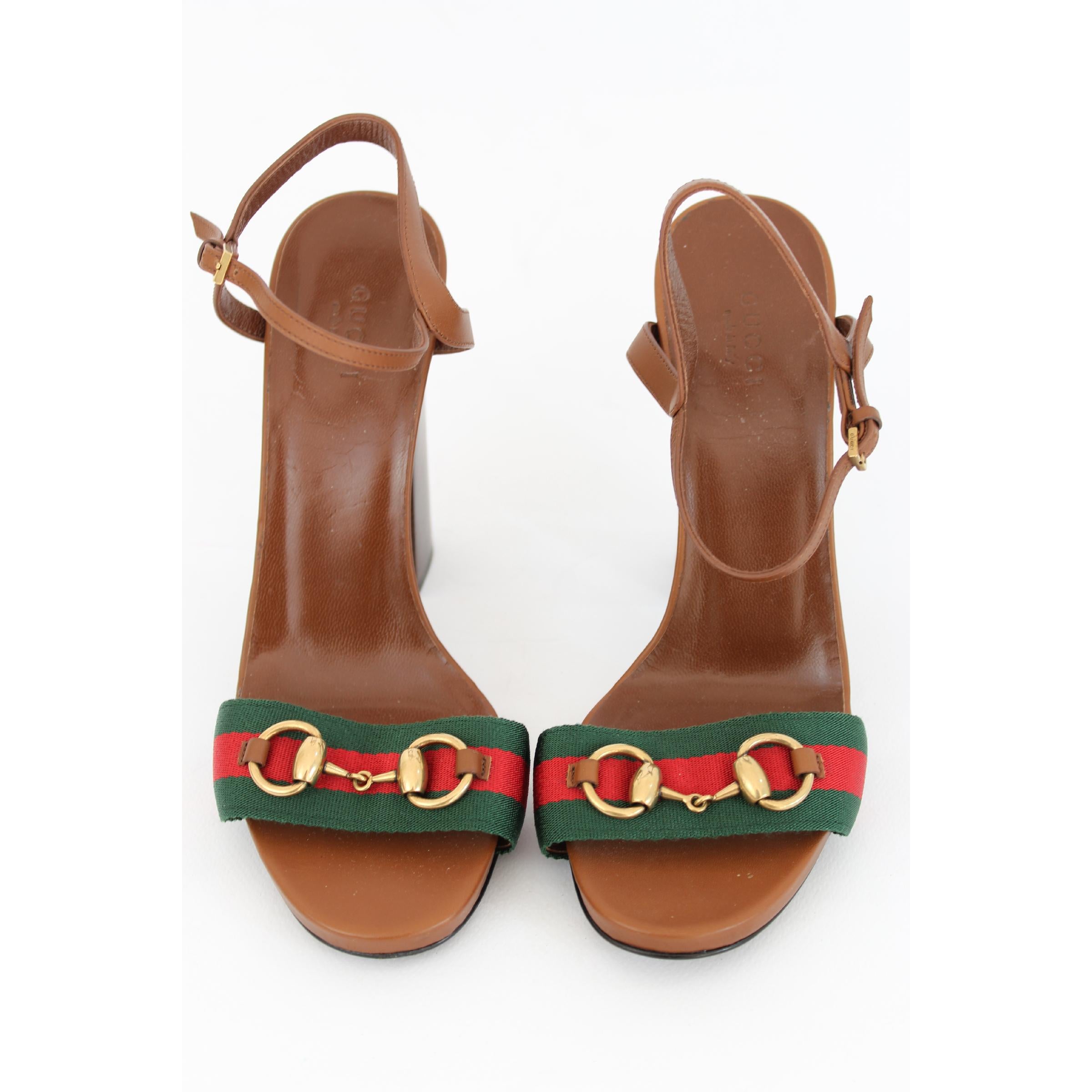 Marron Nouveau Gucci Lifford Brown Leather Canvas Sandals Heels Pump Shoes