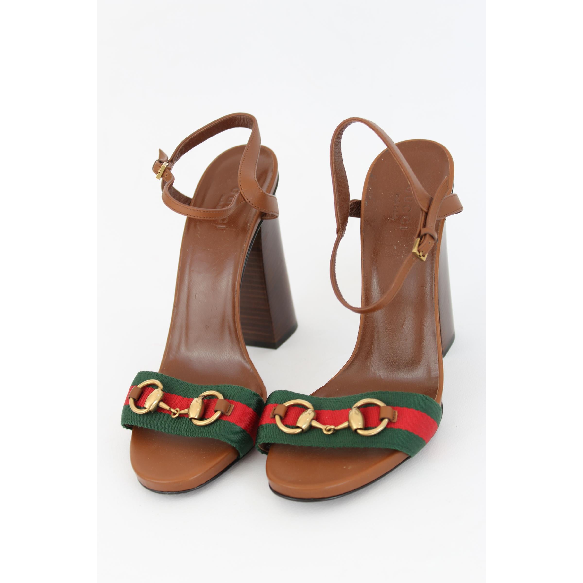 Nouveau Gucci Lifford Brown Leather Canvas Sandals Heels Pump Shoes Neuf à Brindisi, Bt