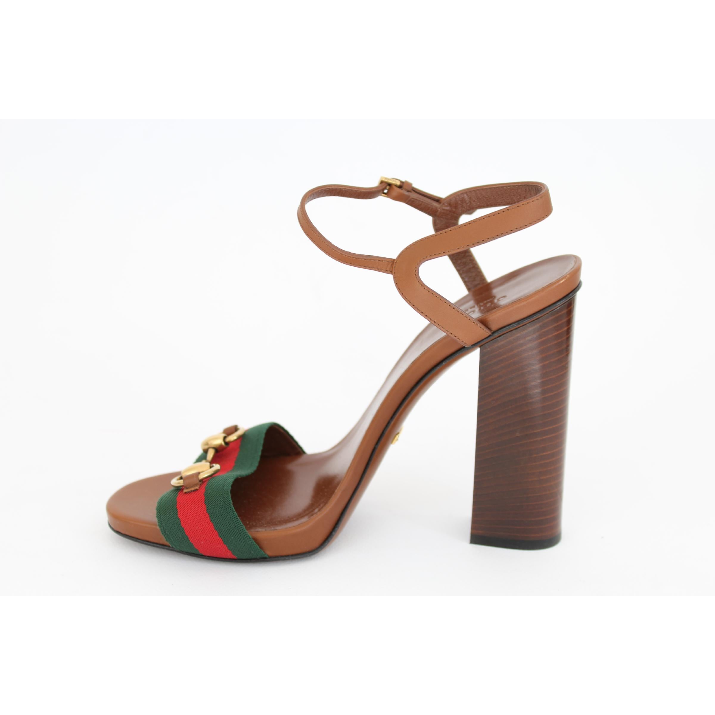 Nouveau Gucci Lifford Brown Leather Canvas Sandals Heels Pump Shoes Pour femmes 