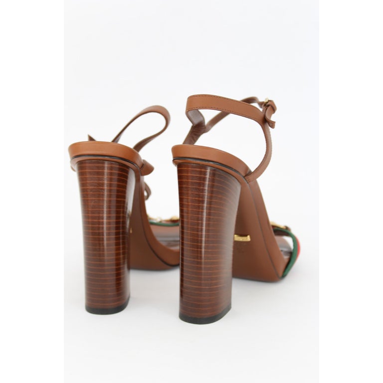 New Gucci Lifford Brown Leather Canvas Sandals Heels Pump Shoes at ...
