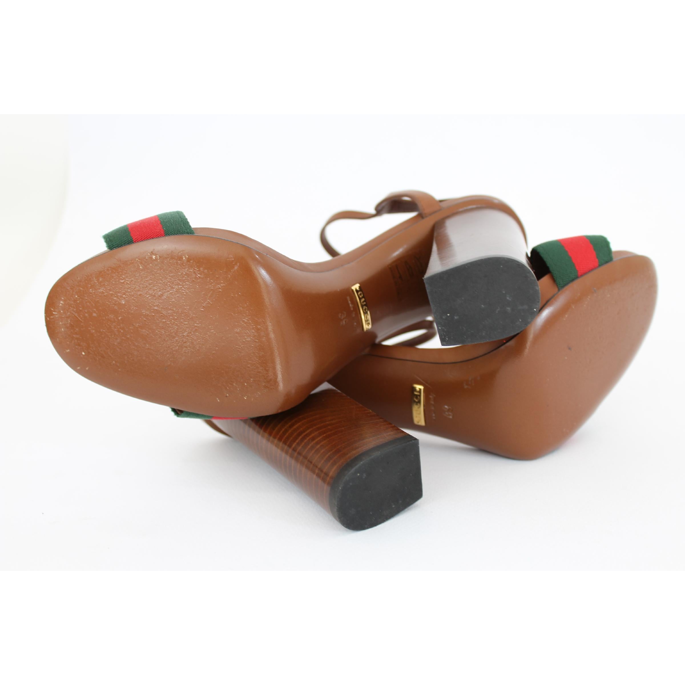 Nouveau Gucci Lifford Brown Leather Canvas Sandals Heels Pump Shoes 2