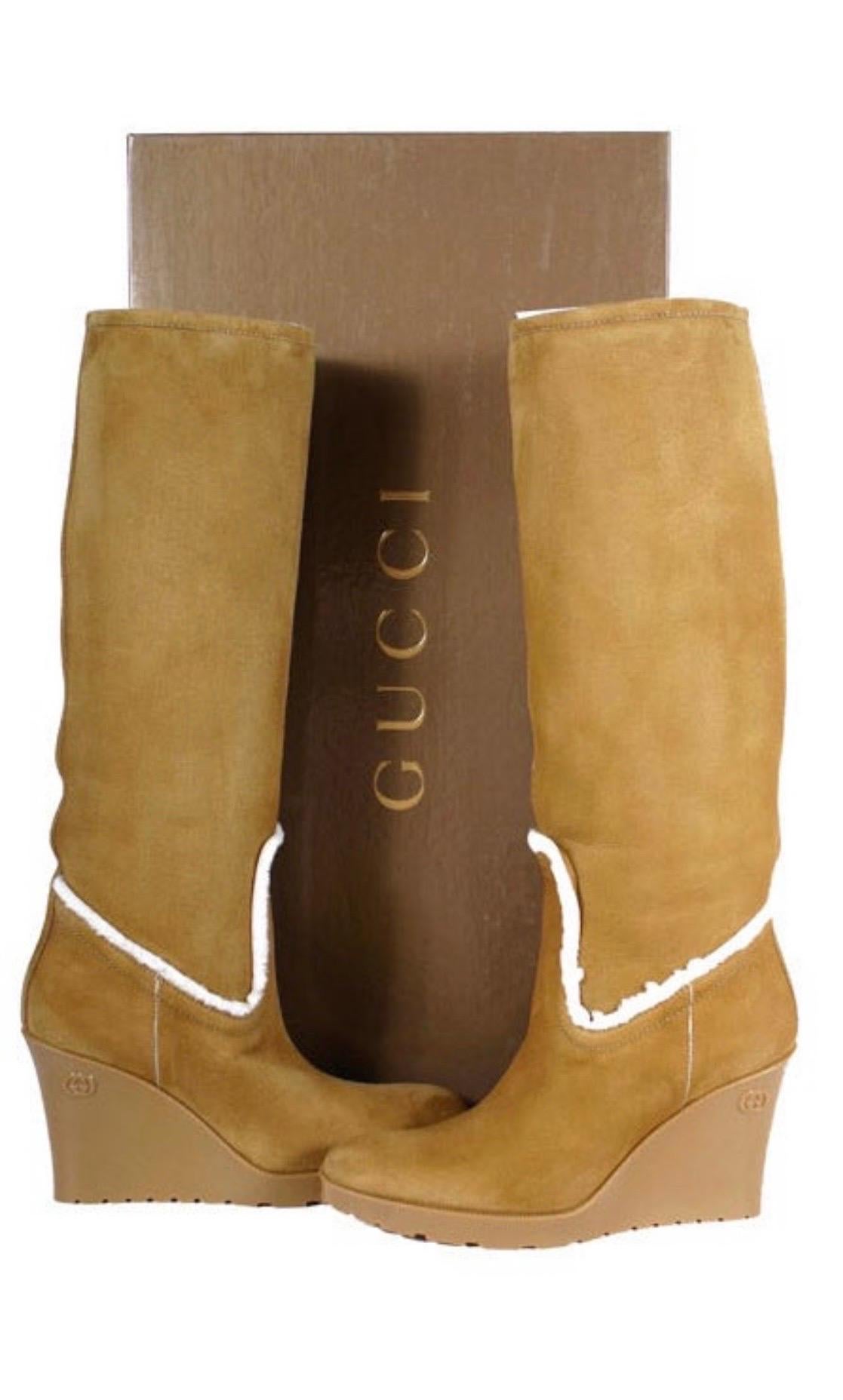Brown New Gucci Light Cognac Merino Lambskin Shearling Wedge Boots Size 6.5 For Sale