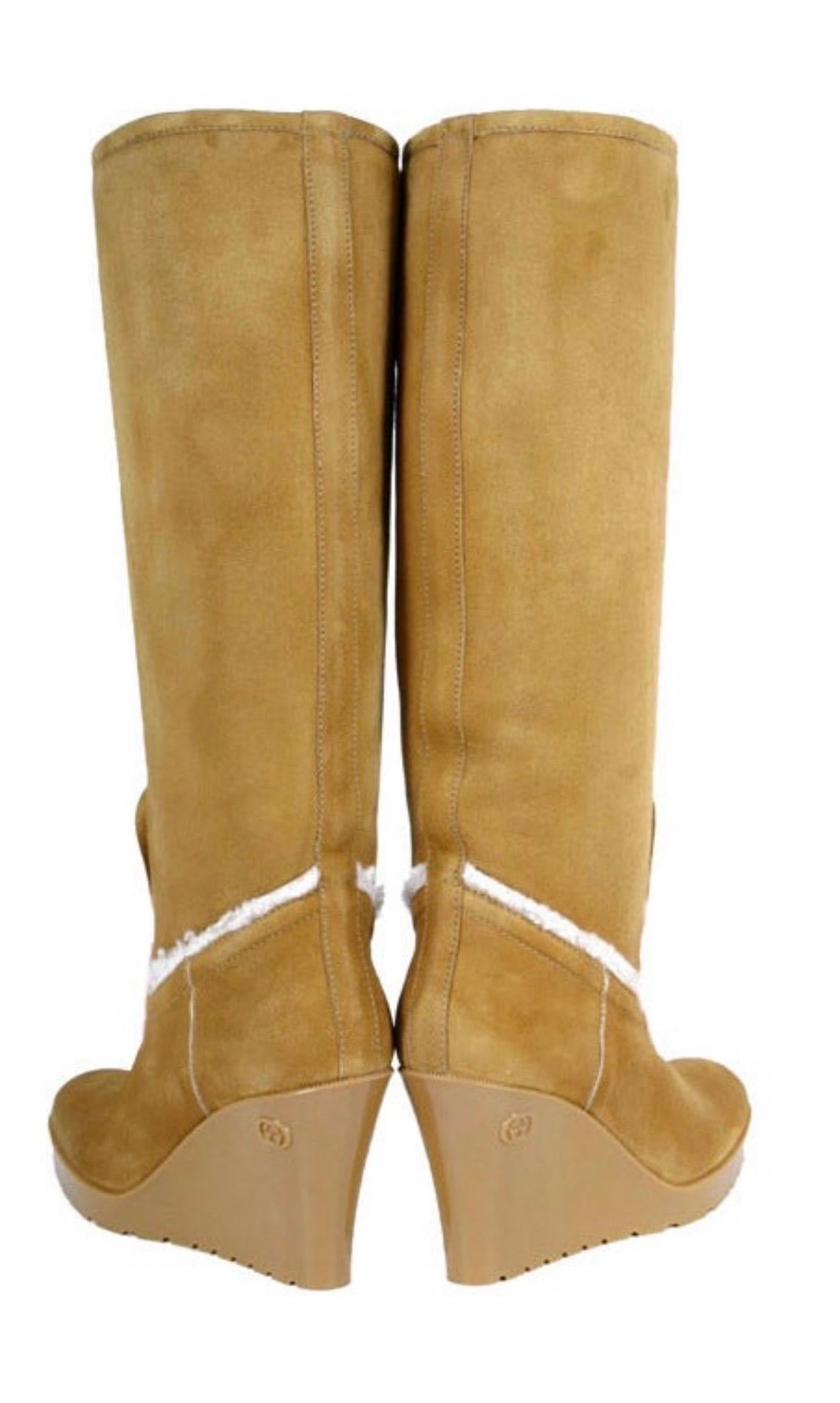New Gucci Light Cognac Merino Lambskin Shearling Wedge Boots Size 6.5 In New Condition For Sale In Montgomery, TX