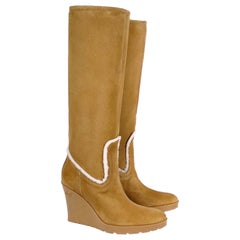 New Gucci Light Cognac Merino Lambskin Shearling Wedge Boots Taglia 6.5