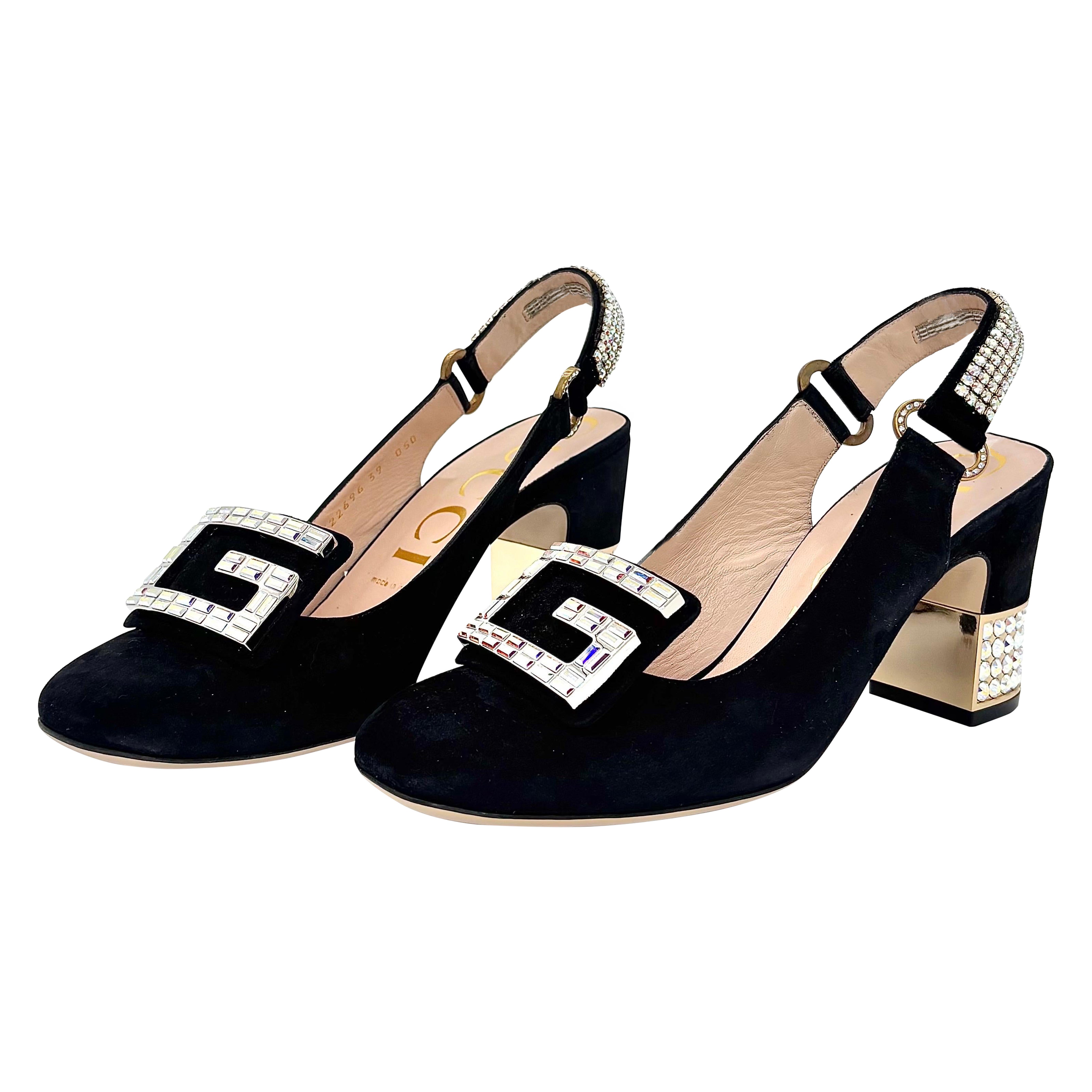 NEW Gucci Madelyn Crystal G Embellished Slingback Black Suede Pumps 39