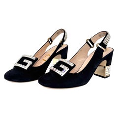 NEW Gucci Madelyn Crystal G Embellished Slingback Black Suede Pumps 39