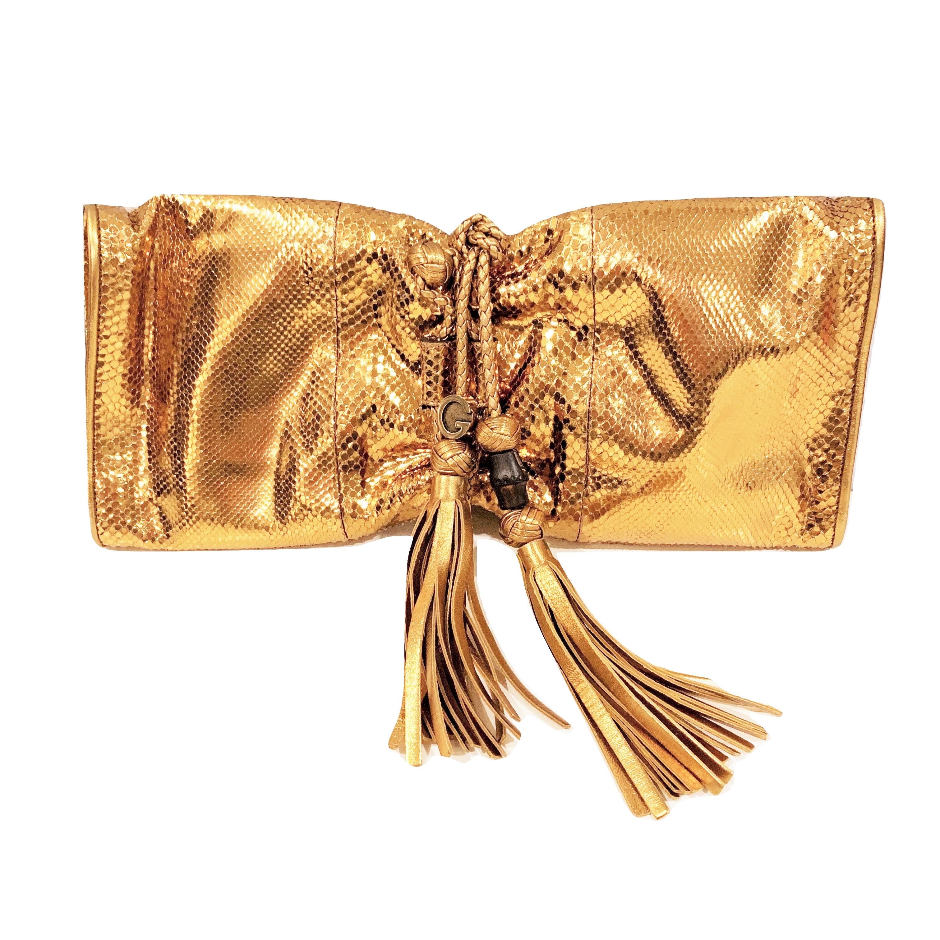 New Gucci Malika Large Python Clutch Bag in Gold As Seen on J-Lo & Kim 2