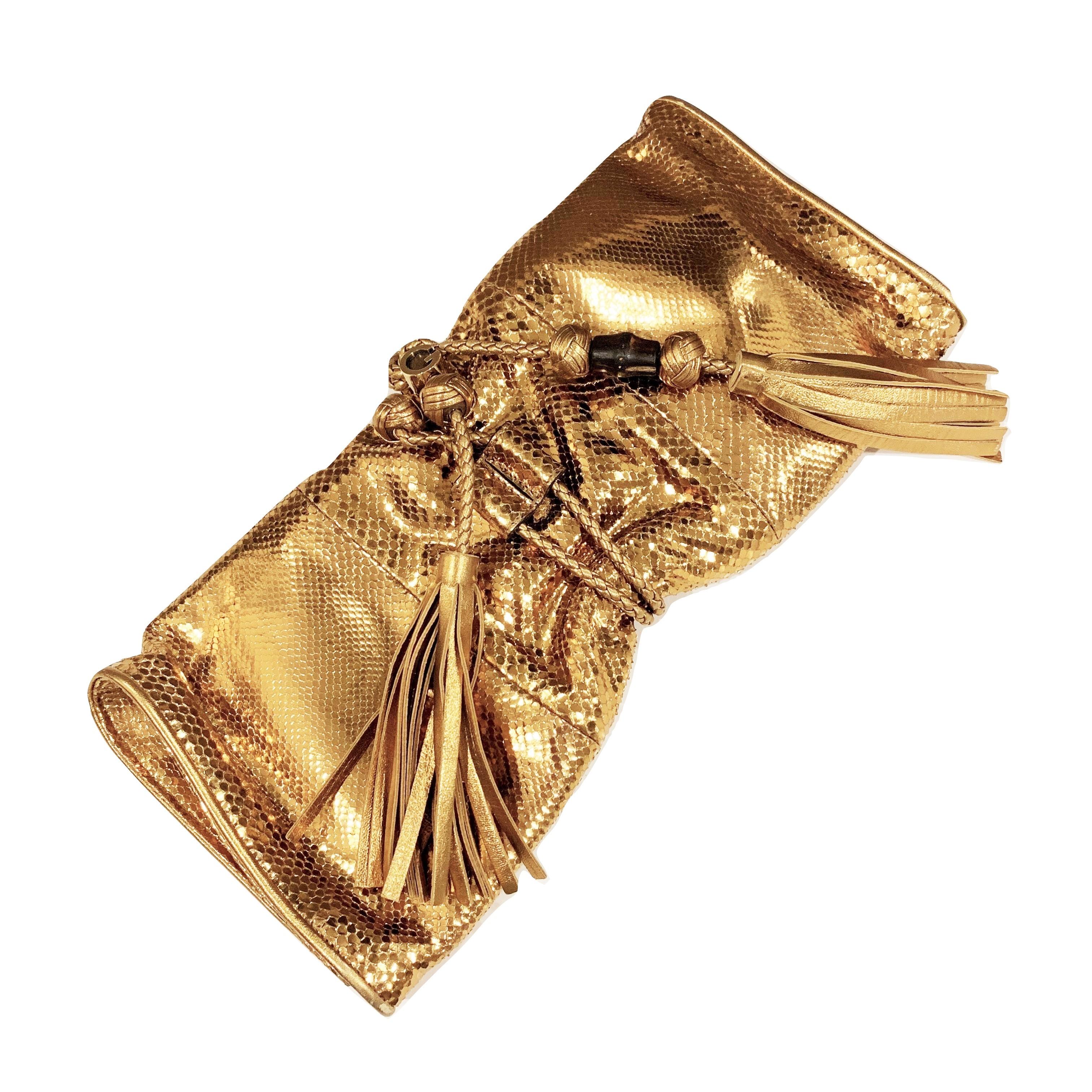 Brown New Gucci Malika Large Python Clutch Bag in Gold As Seen on J-Lo & Kim