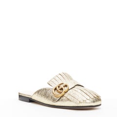 new GUCCI Marmont Platino metallic gold GG buckle fringed slip on loafers EU36.5