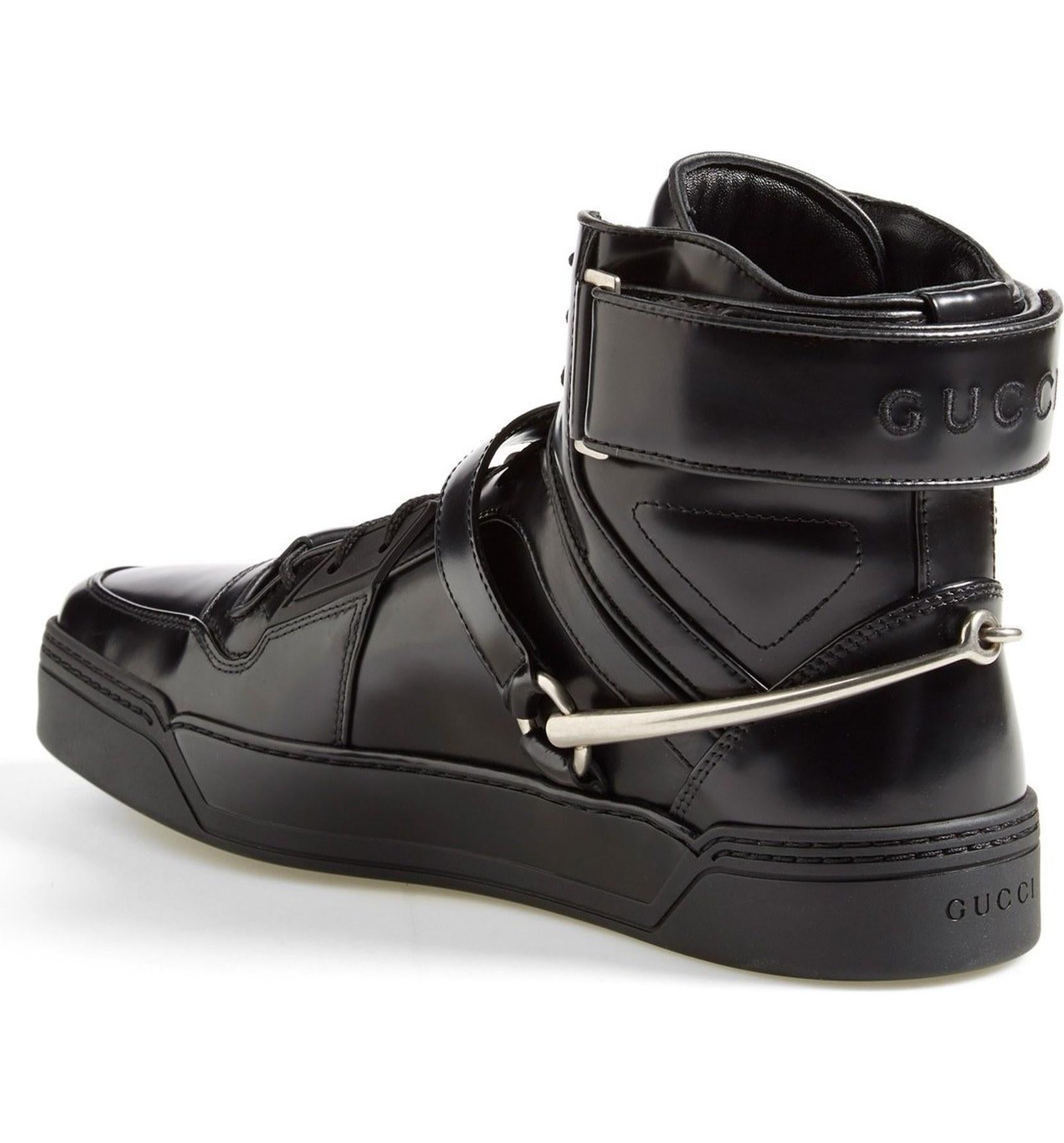 New GUCCI Men's *BASKET DARKO* Black High-Top Sneaker
Model N# 407373 DKS10
GUCCI sizes Available 8.5 G, 9.5 G - US 9.5 G,  10.5 G (please check Gucci size Guide)
100% Magnum-Calf Black Shiny Leather
Lace-Up Front with Strap and Buckle Closure