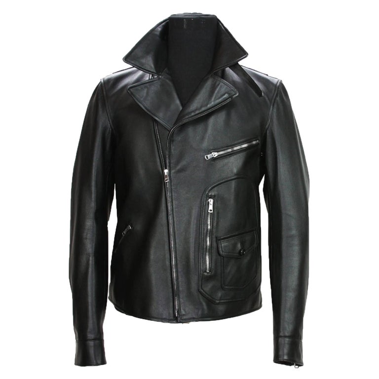 Neu GUCCI Herren Moto Biker Jacke aus schwarzem Leder US