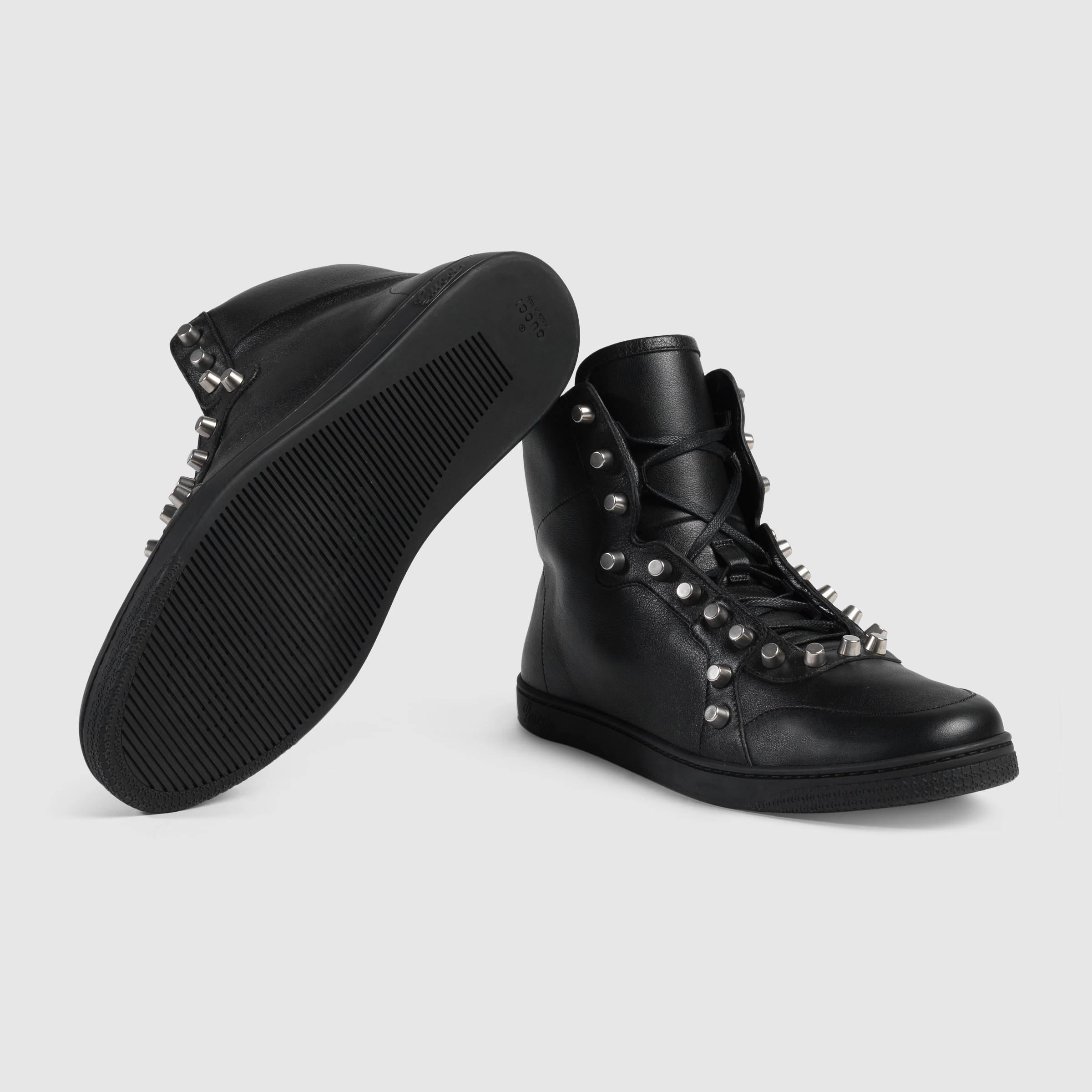 De los hombres Nuevo Gucci Zapatillas altas de cuero negro para hombre con tachuelas talla Gucci 8 / US 9