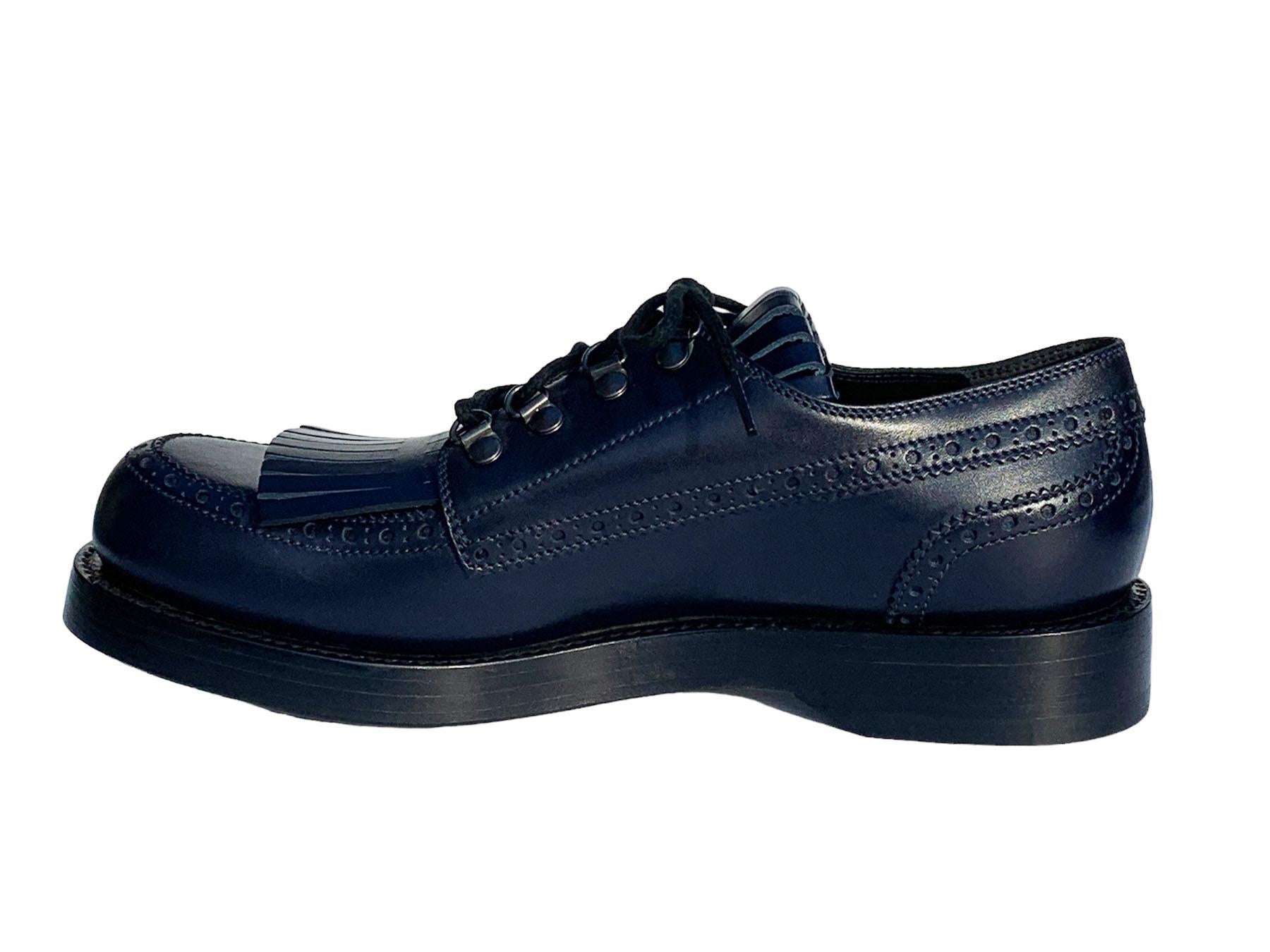 New Gucci Men's Leather Fringed Brogue Lace-Up Shoes Dark Blue US 10 For Sale 1