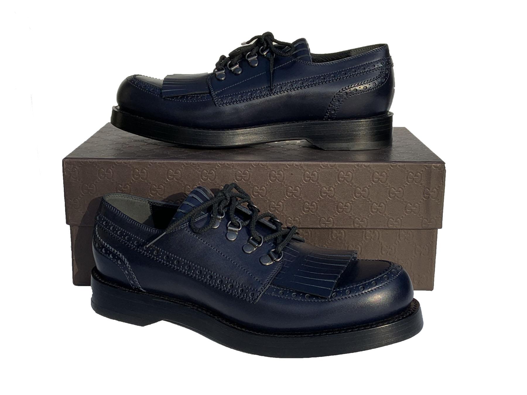 New Gucci Men's Leather Fringed Brogue Lace-Up Shoes Dark Blue US 10 For Sale 4
